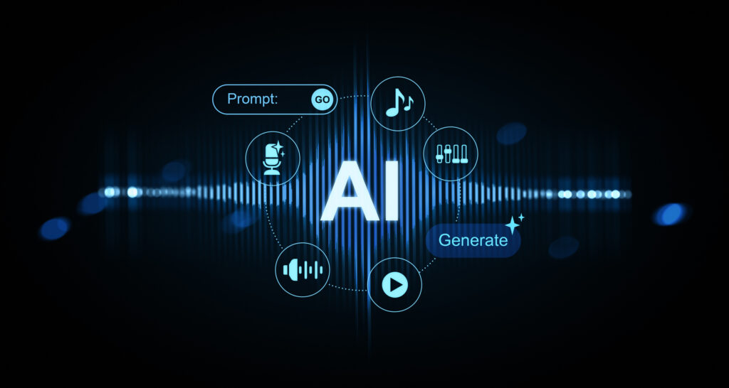 AI music generation concept with futuristic interface showing sound icons and waveform background in glowing blue tech style on dark background. 3D Rendering