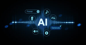 AI music generation concept with futuristic interface showing sound icons and waveform background in glowing blue tech style on dark background. 3D Rendering