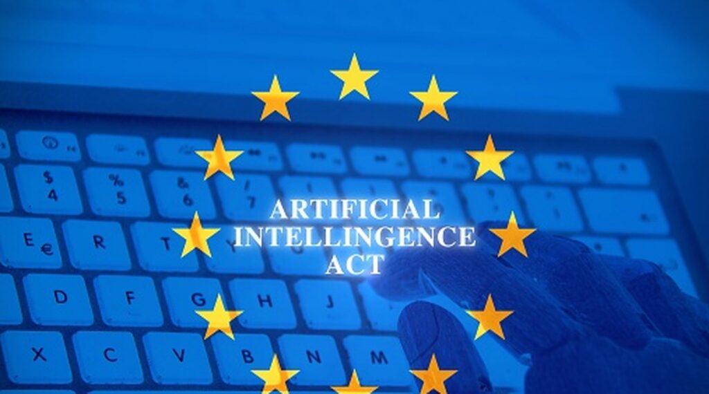 Robot hand using a computer with the European Flag as background, concept of artificial Intelligence Act.